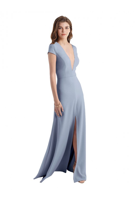 Long Smoke Blue Cap Sleeves Sheath Prom Dress / Bridesmaid Dress Canberra