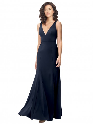 Long Dark Navy Sleeveless A-Line V-Back Stretch Crepe Formal Dress / Bridesmaid Dress Canberra