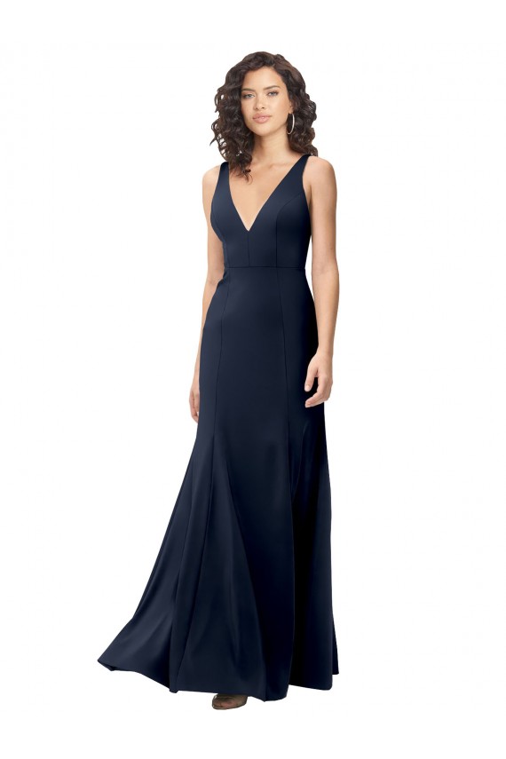 Long Dark Navy Sleeveless A-Line V-Back Stretch Crepe Formal Dress / Bridesmaid Dress Canberra