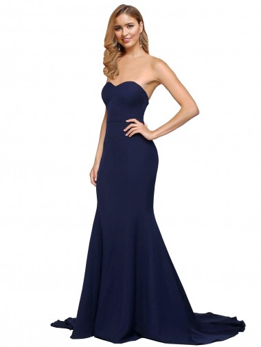 Sweep Train Dark Navy Sleeveless A-Line Low Back Formal Evening Gown / Prom Dress / Bridesmaid Dress Canberra