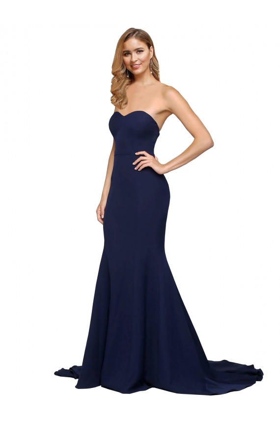 Sweep Train Dark Navy Sleeveless A-Line Low Back Formal Evening Gown / Prom Dress / Bridesmaid Dress Canberra