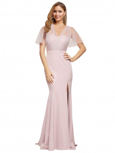 Long Mauve Short Sleeves Sheath V-Back Formal Evening Gown / Prom Dress / Bridesmaid Dress Canberra