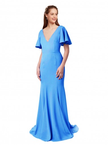 Sweep Train Peacock Blue Short Sleeves Mermaid, Sheath V-Back Prom Dress / Bridesmaid Dress Canberra