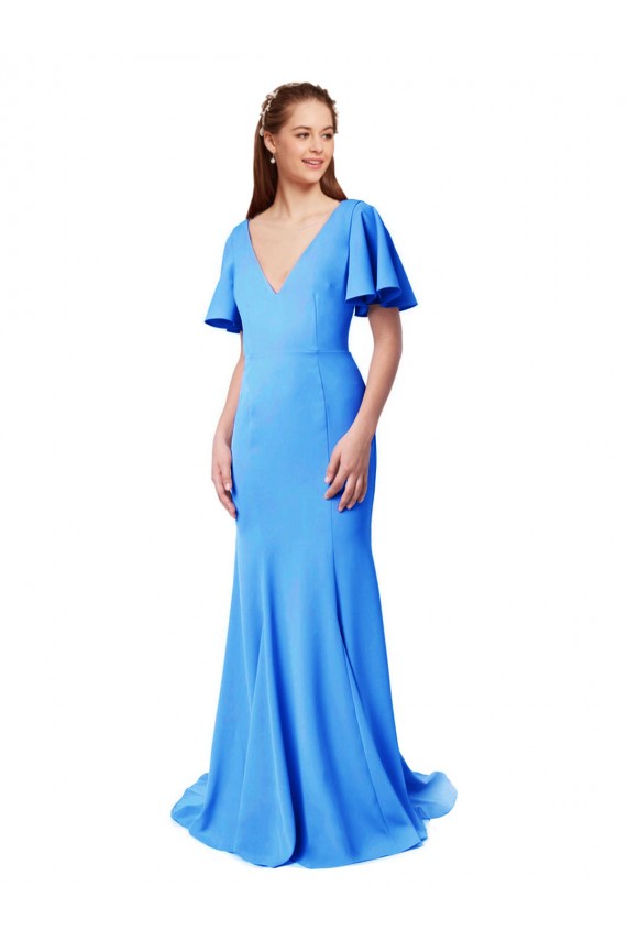 Sweep Train Peacock Blue Short Sleeves Mermaid, Sheath V-Back Prom Dress / Bridesmaid Dress Canberra