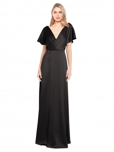 Long Black Cap Sleeves A-Line Open Back Bridesmaid Dress / Evening Dress Canberra