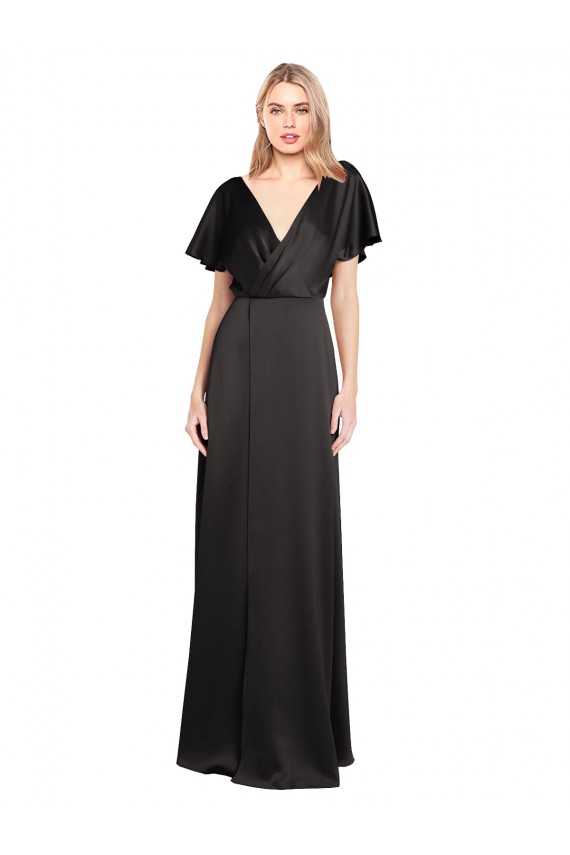 Long Black Cap Sleeves A-Line Open Back Bridesmaid Dress / Evening Dress Canberra