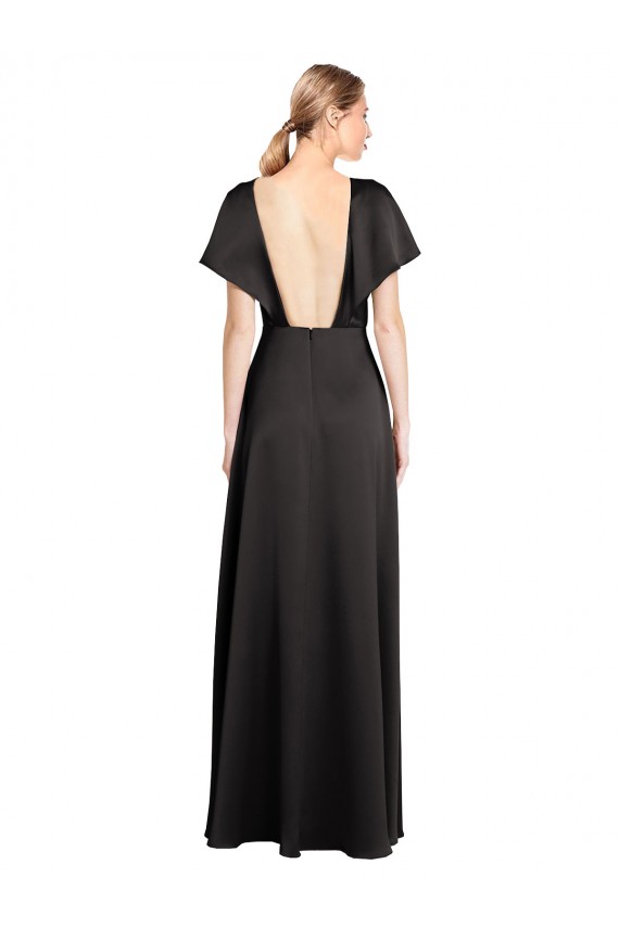 Long Black Cap Sleeves A-Line Open Back Bridesmaid Dress / Evening Dress Canberra