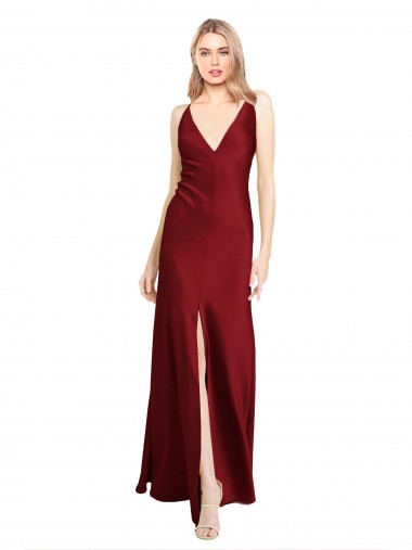 Long Burgundy Sleeveless A-Line V-Back Front Slit Black Tie Evening Gown / Prom Dress / Bridesmaid Dress Canberra