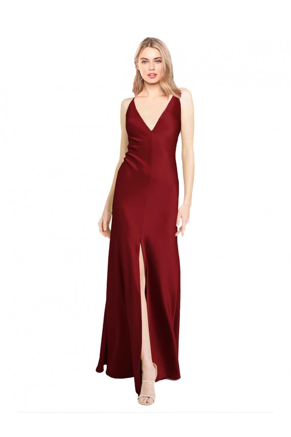 Long Burgundy Sleeveless A-Line V-Back Front Slit Black Tie Evening Gown / Prom Dress / Bridesmaid Dress Canberra