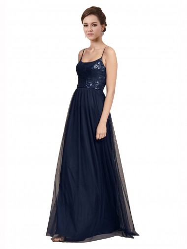 Long Dark Navy Sleeveless A-Line Tulle & Lace Bridesmaid Dress Canberra