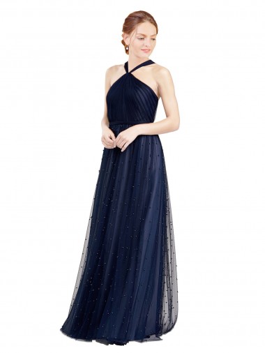 Long Navy Blue Sleeveless A-Line Bridesmaid Dress / Evening Dress Canberra