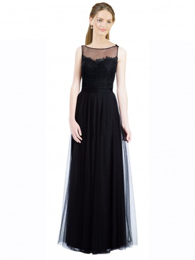 Long Black Sleeveless A-Line Low Back Tulle & Lace Bridesmaid Dress Canberra