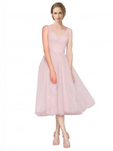 Tea Length Pink Sleeveless A-Line V-Back Bridesmaid Dress Canberra