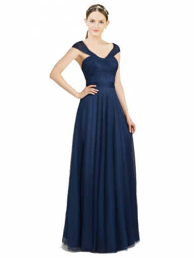 Long Dark Navy Sleeveless A-Line Low Back Tulle Bridesmaid Dress Canberra