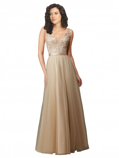 Long Champagne Sleeveless A-Line V-Back Bridesmaid Dress Canberra