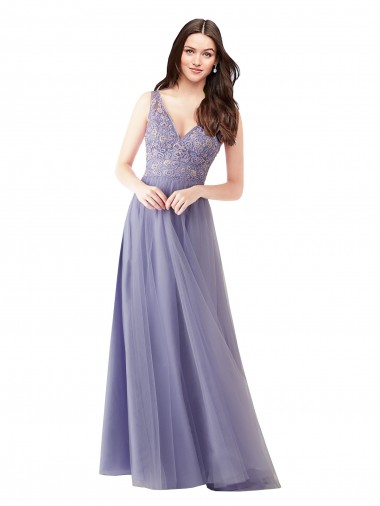 Long Sleeveless A-Line V-Back Tulle & Lace Formal Dress / Bridesmaid Dress Canberra