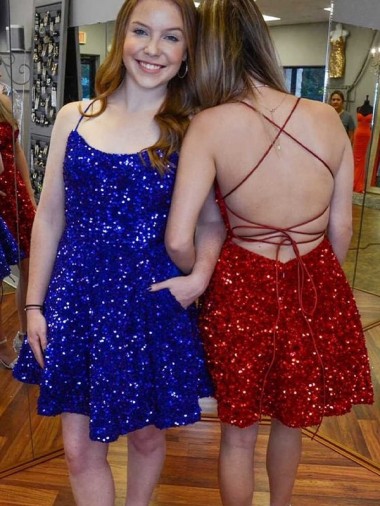 Short Royal Blue Sleeveless A-Line Velvet Sequin Prom Dress Canberra