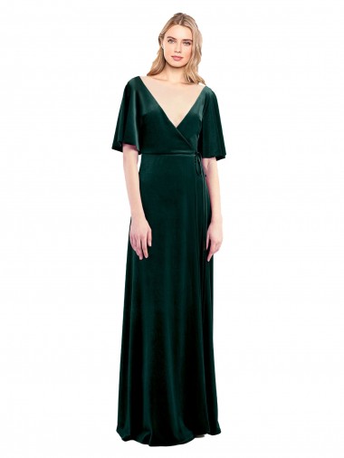 Long Dark Green Flutter Sleeves A-Line V-Back Prom Dress / Bridesmaid Dress Canberra