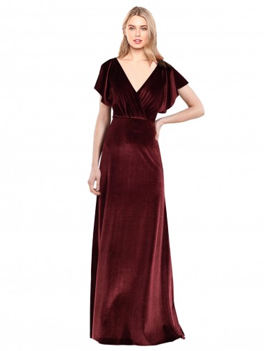 Long Burgundy Flutter Sleeves A-Line V-Back Prom Dress / Bridesmaid Dress Canberra