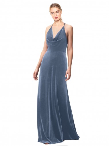 Long Dusty Blue Sleeveless A-Line Keyhole Back Prom Dress / Bridesmaid Dress Canberra