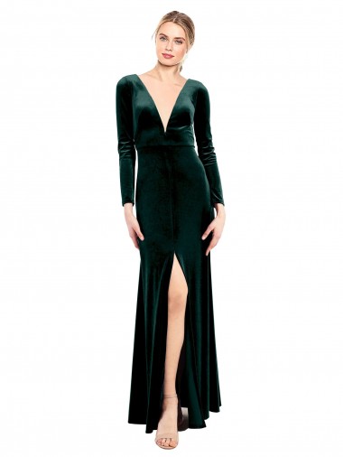 Long Dark Green Long Sleeves A-Line Open Back Black Tie Prom Dress / Bridesmaid Dress Canberra