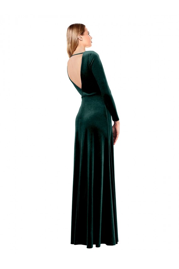 Long Dark Green Long Sleeves A-Line Open Back Black Tie Prom Dress / Bridesmaid Dress Canberra