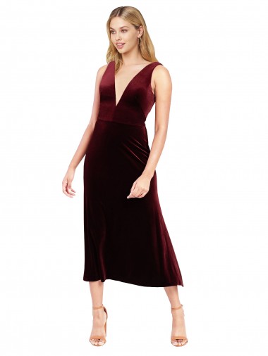 Midi Length Burgundy Sleeveless A-Line V-Back Prom Dress / Bridesmaid Dress Canberra