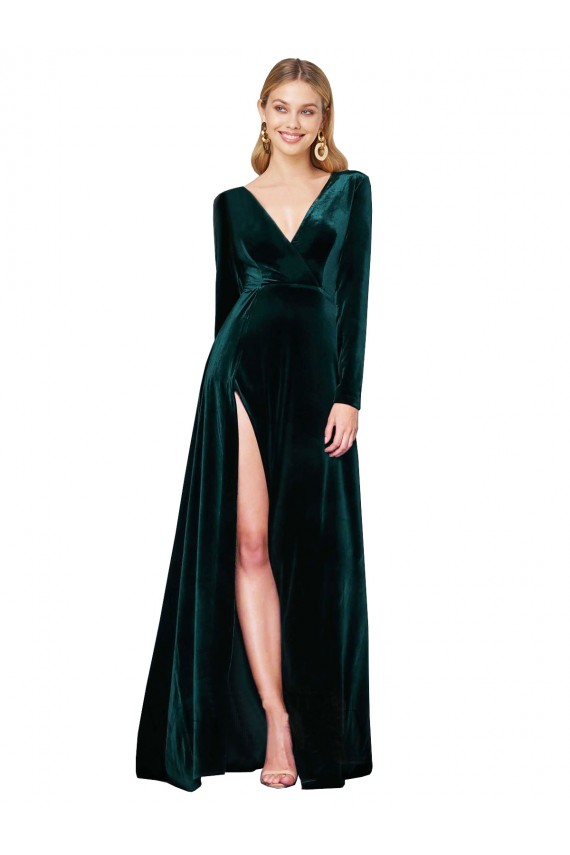 Sweep Train Dark Green Long Sleeves A-Line Black Tie Evening Gown / Prom Dress / Bridesmaid Dress Canberra