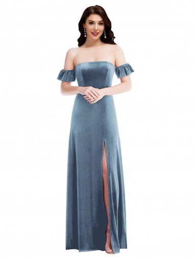 Long Dusty Blue Ruffle Sleeves A-Line Low Back Formal Dress / Bridesmaid Dress Canberra