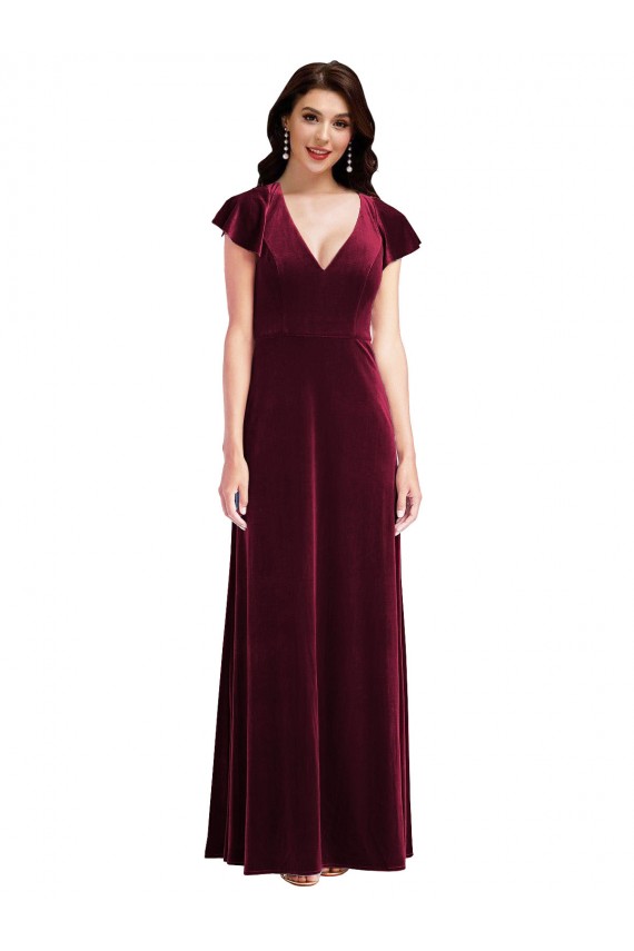 Long Burgundy Flutter Sleeves A-Line Semi Formal Evening Dress / Prom Dress / Bridesmaid Dress Canberra