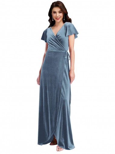 Long Dusty Blue Flutter Sleeves A-Line Black Tie Evening Gown / Prom Dress / Bridesmaid Dress Canberra