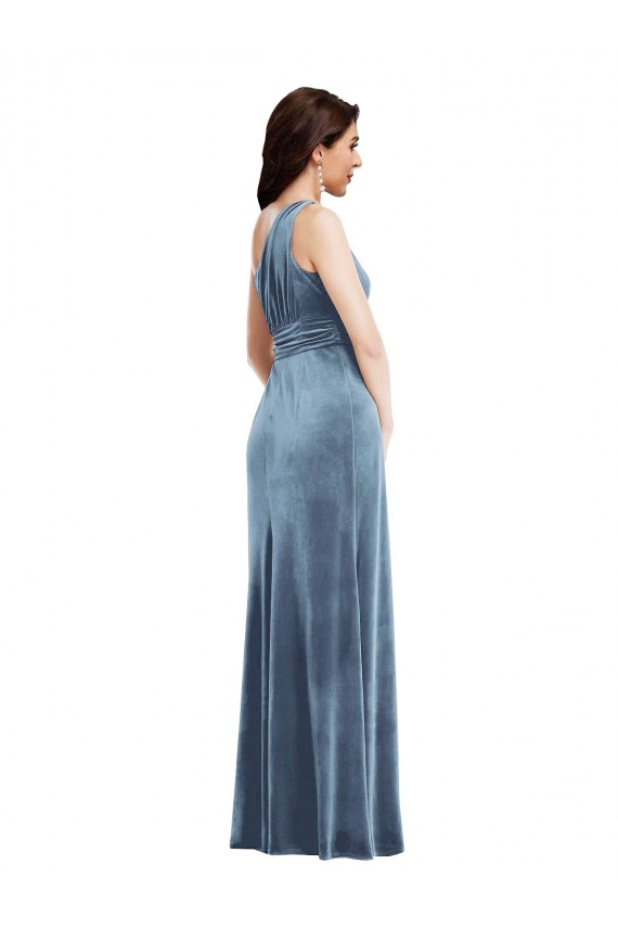 Long Dusty Blue Sleeveless A-Line Stretch Velvet Bridesmaid Dress / Evening Dress Canberra