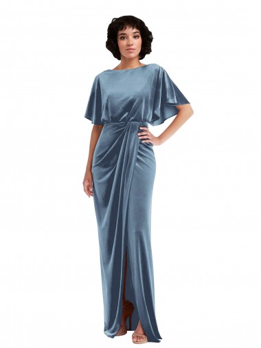 Long Dusty Blue Flutter Sleeves Sheath Open Back Semi Formal Evening Dress / Prom Dress / Bridesmaid Dress Canberra