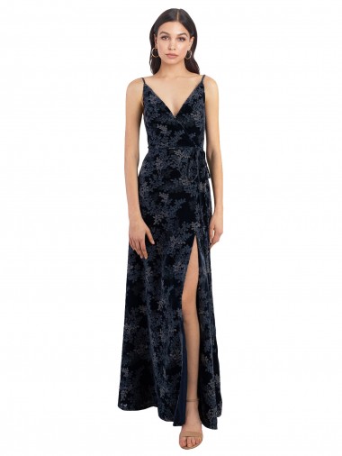 Long Dark Navy Sleeveless A-Line V-Back Floral Velvet & Stretch Velvet Bridesmaid Dress Canberra